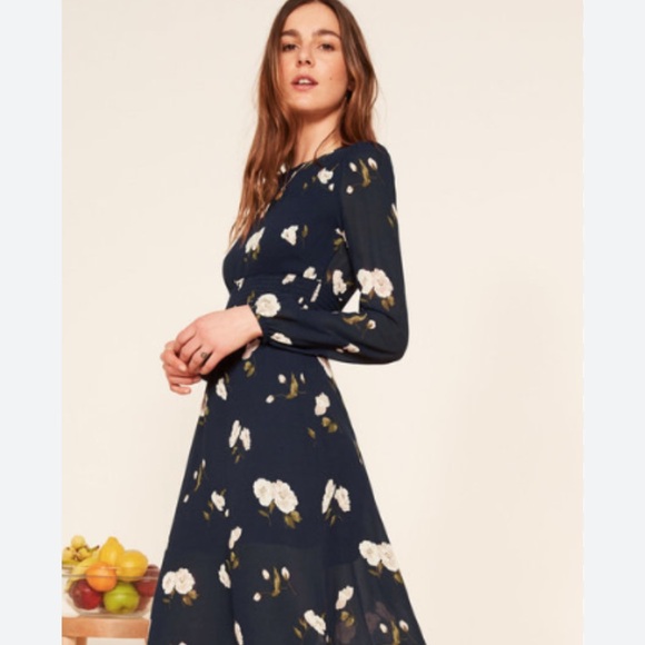 Reformation Navy Floral Long Sleeve Dress. - Picture 4 of 11